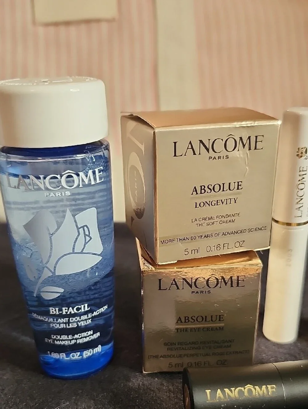 Lancome Pink Stripe Cosmetic Travel Tote with Beauty Essentials
